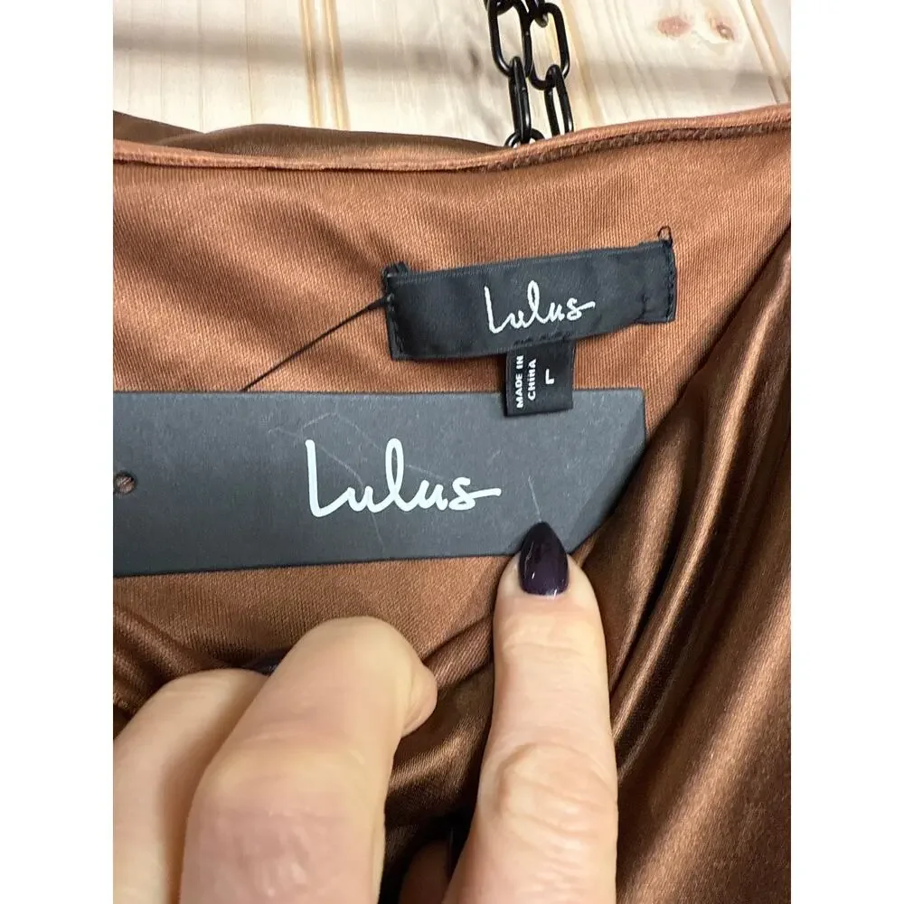 NWT Lulus Luxurious Vision Brown Satin Off-the-Shoulder Mini Dress Party Size L